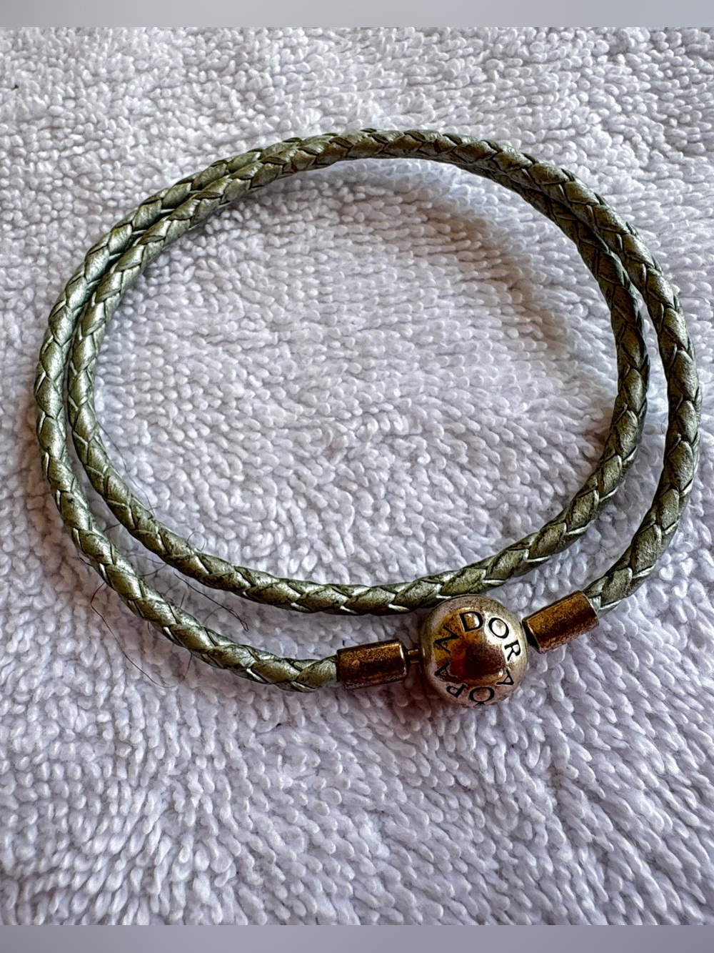 Pandora Double Wrap Green Leather Bracelet Sterling Silver Barrel Clasp